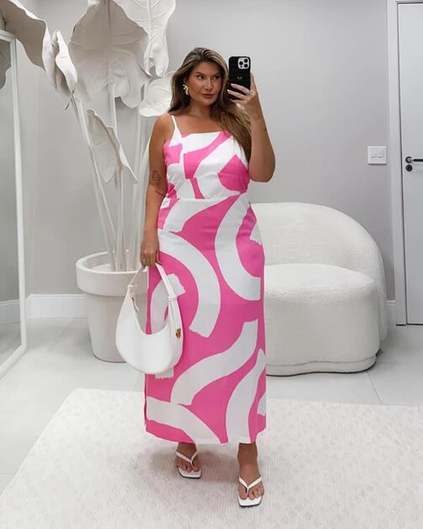 VESTIDO MIDI GEOMETRICO ROSA MILLIOSSI