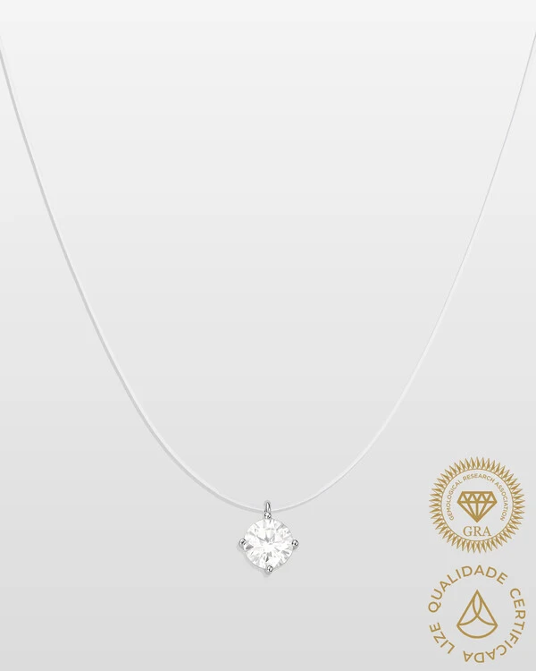 Colar Fio Invisível & Ponto De Luz Emma - Moissanite - 6,0mm - 0.8ct -- 4 Garras - Prata 925