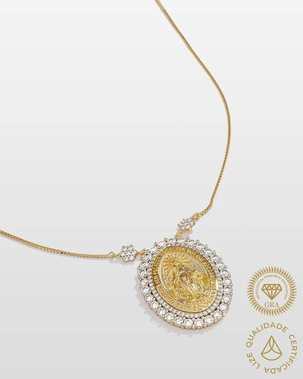 Colar Medalha Nossa Senhora Das Graças Moissanite - 2,5mm - 0.0625 ct - Prata 925