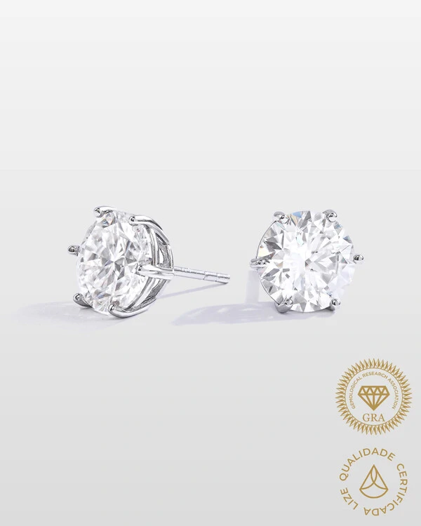 Brinco Glitz - Moissanite 9,5 mm - 7.0ct - 6 garras - Prata 925