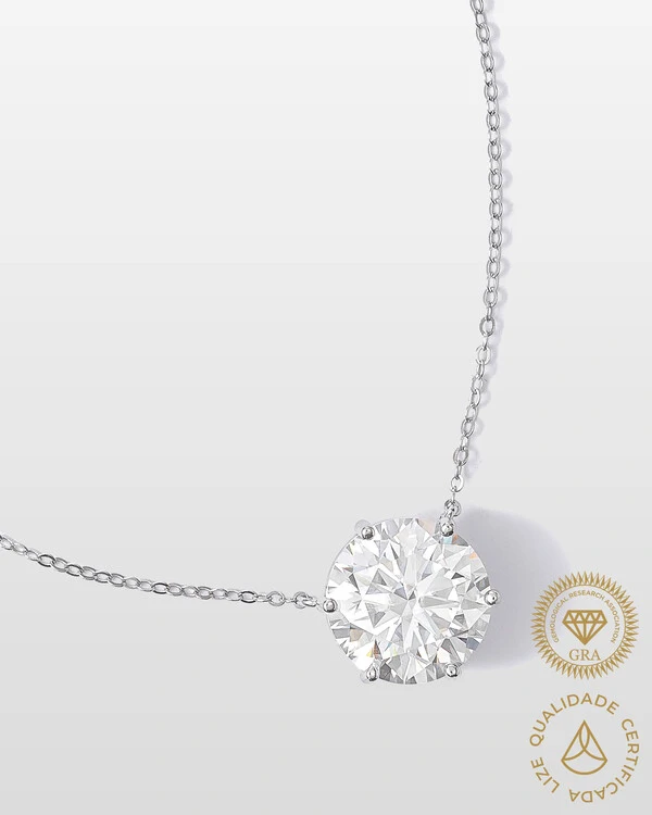 Colar Glitz - Ponto de Luz Moissanite - 12,5 mm - 7.0ct - 6 garras - Prata 925