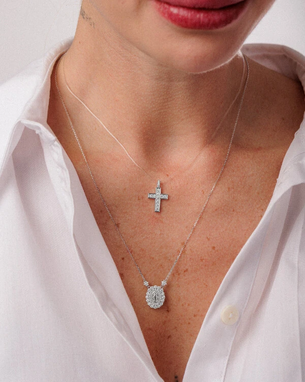 Colar Nossa Senhora das Graças - Moissanite - 0.036ct -Prata 925