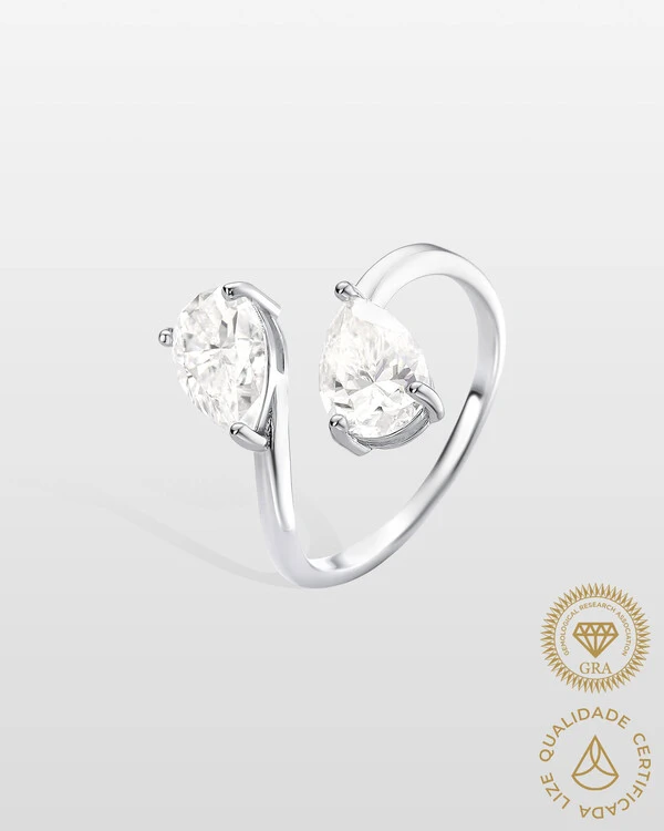 Anel Ajustável Gotas Midian - Moissanite 6x9 mm - 3.0ct - Prata 925
