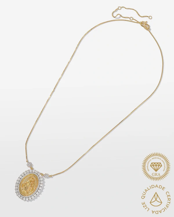 Colar Medalha Nossa Senhora Das Graças Moissanite - 2,5mm - 0.0625 ct - Prata 925