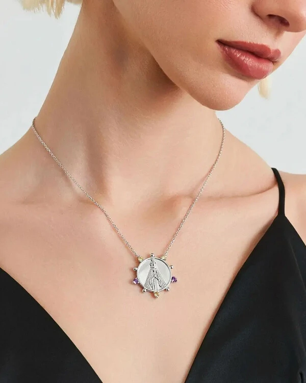 Colar Medalha Nossa Senhora Aparecida Colors - Prata 925