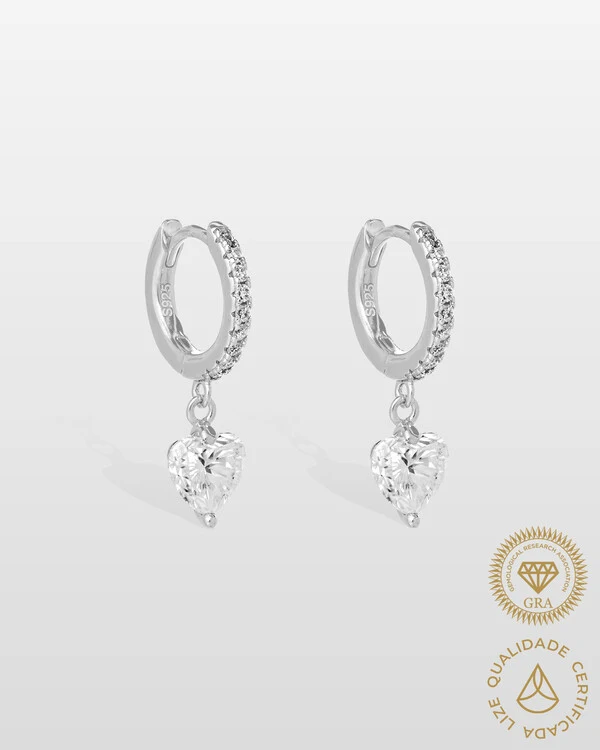 Brinco Argola Cristalle Coração Moissanite - 6 mm - 1.76ct - Prata 925