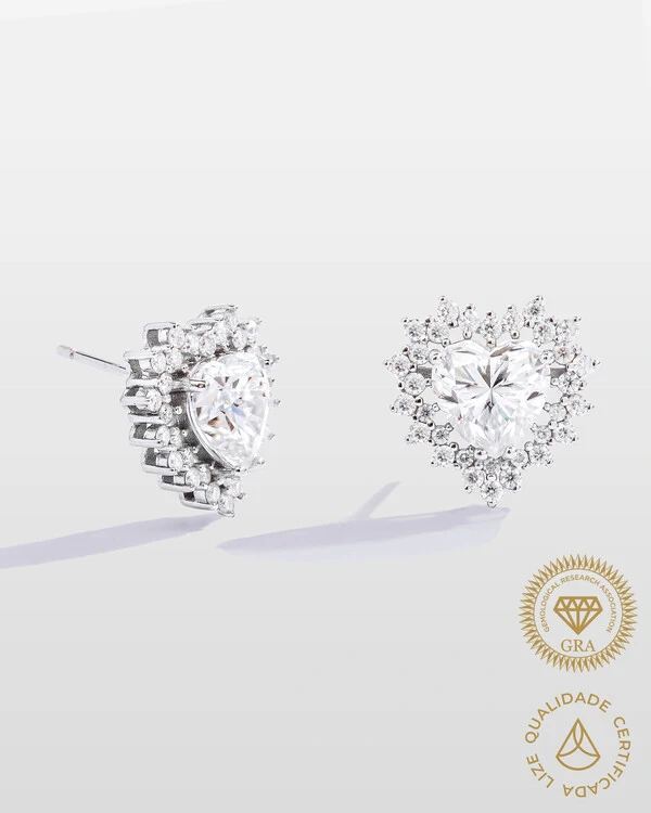 Brinco Grace - Moissanite Coração Central 8 mm- 4.86ct - Prata 925