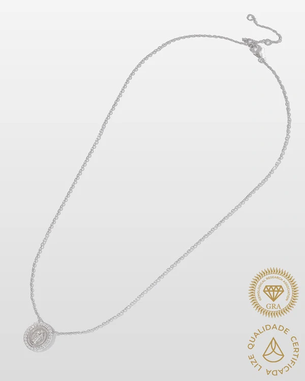 Colar Medalha Nossa Senhora das Graças Moissanite - 1.3mm - 0.01ct - Prata 925