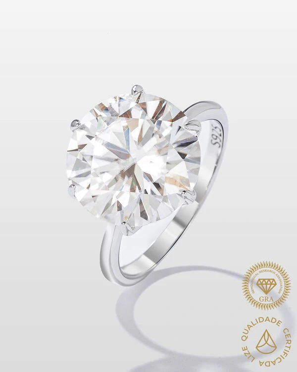 Anel Solitário Glitz - Moissanite 13 mm - 8.0ct - 6 garras - Prata 925