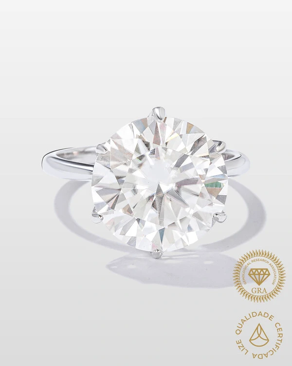 Anel Solitário Glitz - Moissanite 13 mm - 8.0ct - 6 garras - Prata 925