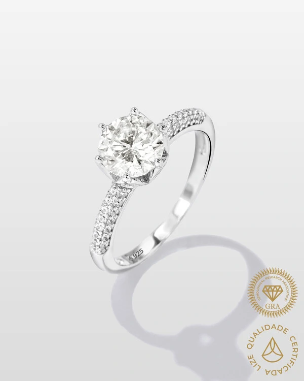 Anel Solitário Ninfea Moissanite - 7 mm - 1.2ct - 6 Garras - Prata 925
