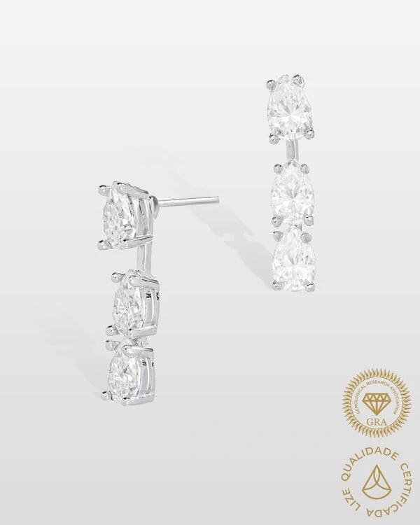Brinco Ear Jacket Gotas - Moissanite - 3.0ct - Prata 925