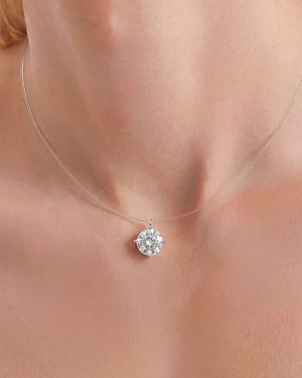 Colar Fio Invisível & Ponto De Luz Emma - Moissanite - 6,0mm - 0.8ct -- 4 Garras - Prata 925