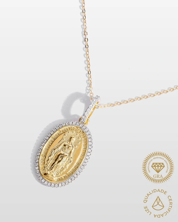 Colar Medalha Nossa Senhora Das Graças Moissanite - 3mm - 0.41 ct - Prata 925