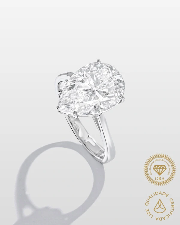 Anel Solitário Gota Sarah - Moissanite - 14mm- 6.0ct - Prata 925