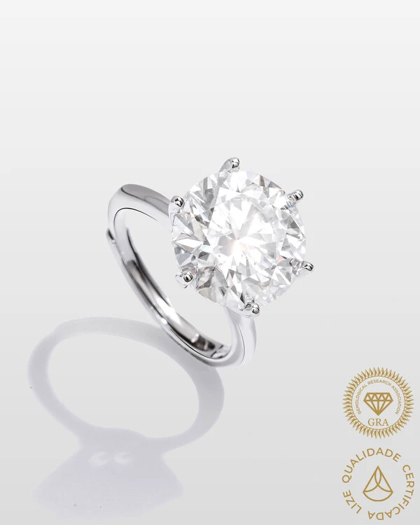 Anel Solitário Glitz - Moissanite 12,5mm - 7.0ct - 6 garras - Prata 925