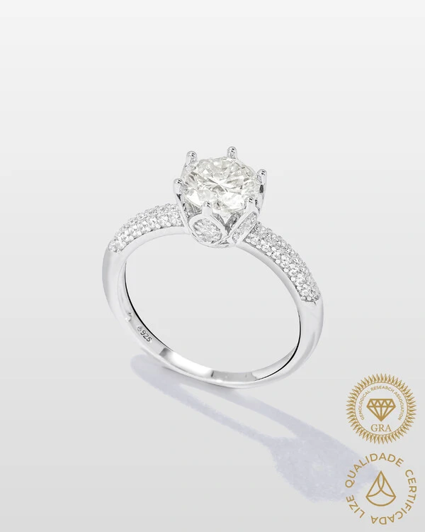 Anel Solitário Ninfea Moissanite - 7 mm - 1.2ct - 6 Garras - Prata 925