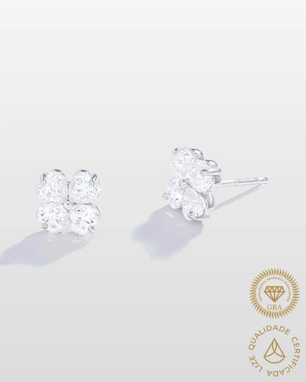 Brinco Trevo Moissanite P- 4x4mm 2.4ct- Prata 925