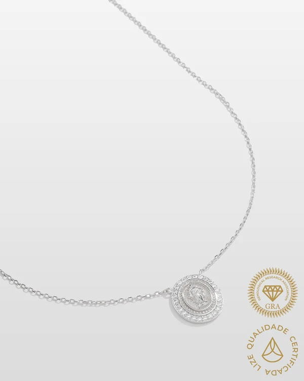 Colar Medalha Nossa Senhora das Graças Moissanite - 1.3mm - 0.01ct - Prata 925