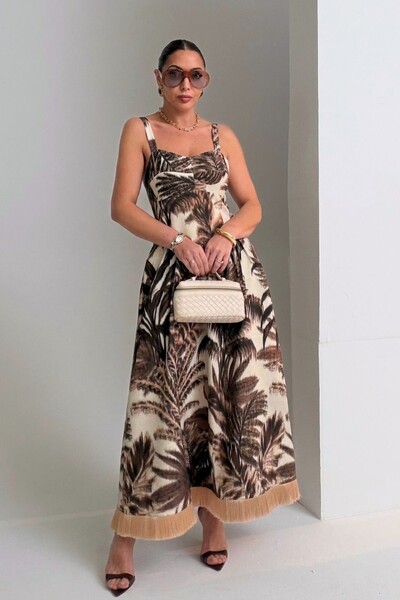 Foto Vestido Midi Estampa Folhagens com Franjas