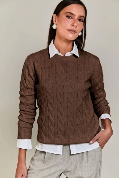 Foto Tricot Decote Careca Trançado Manga Longa