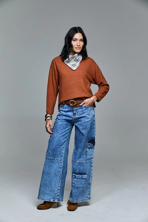 Calça Jeans Cargo Com Lavagem Marmorizada