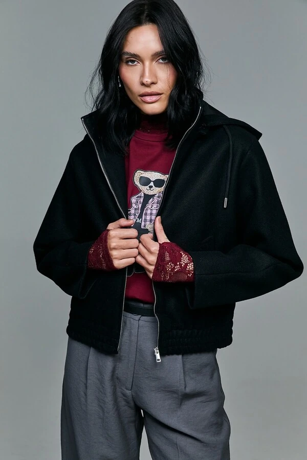 Jaqueta Em Lã Batida Com Capuz Removível E Zíper Frontal