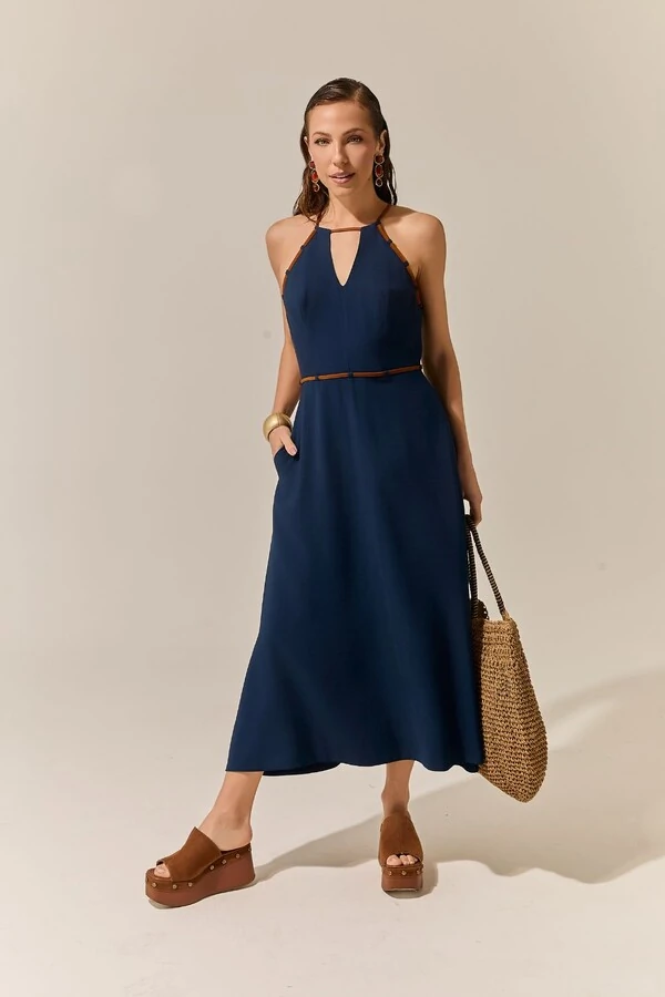 Vestido Midi Viés Contrastante