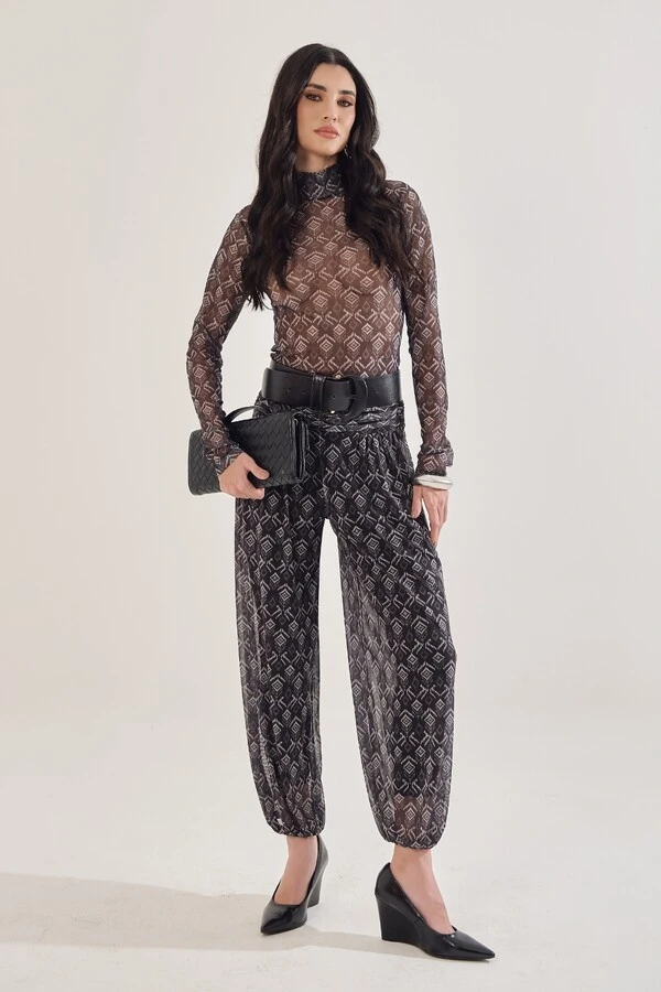 Calça Harem Em Tule Estampado Com Forro