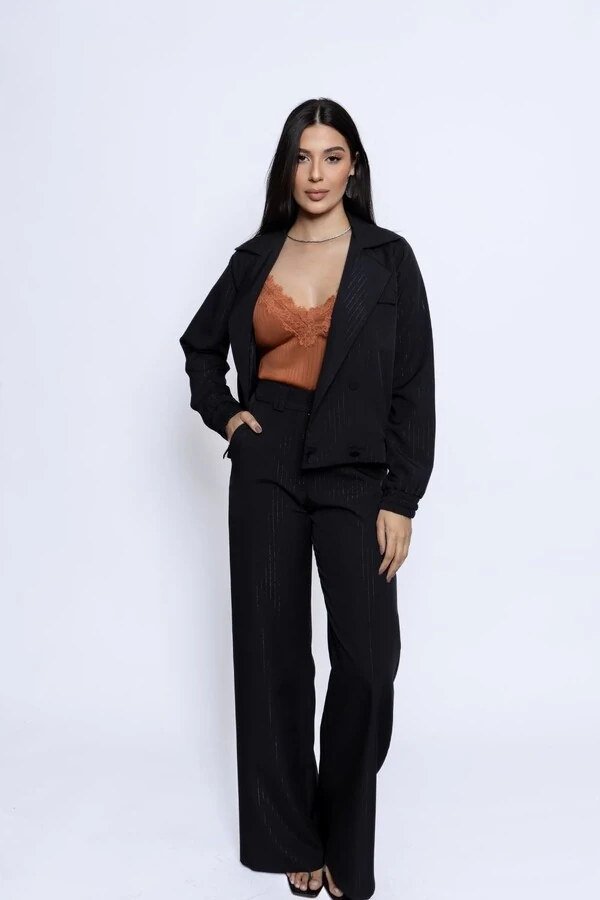 Calça Reta Alfaiataria Risca Lurex