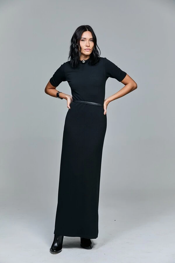 Vestido Longo Malha Texturizada Com Colar Embutido