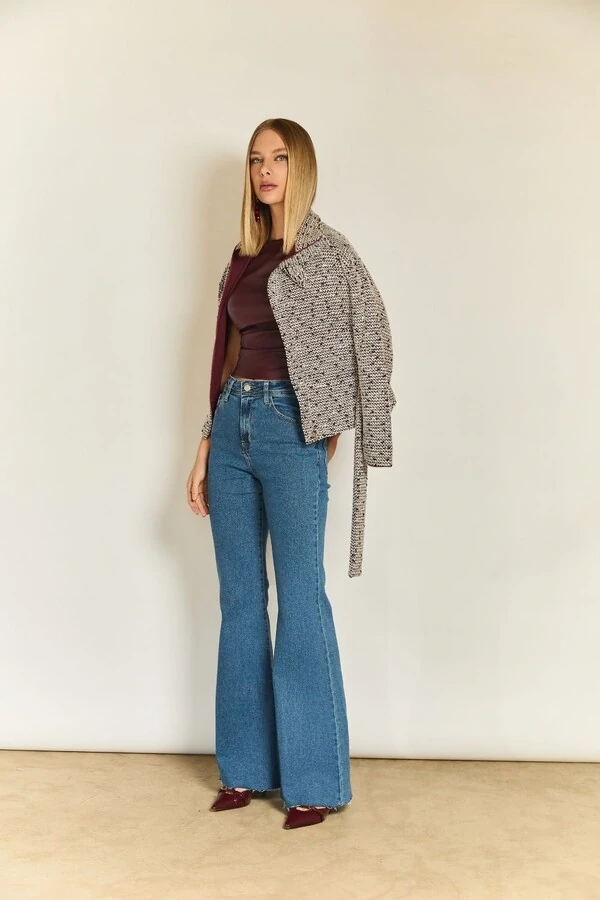 Jaqueta Malha Tweed Gola Alta