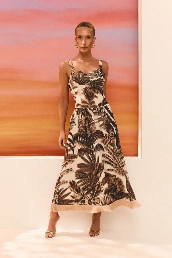 Vestido Midi Estampa Folhagens com Franjas