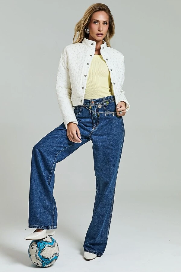 Jaqueta Puffer Slim Bordada Com Botão
