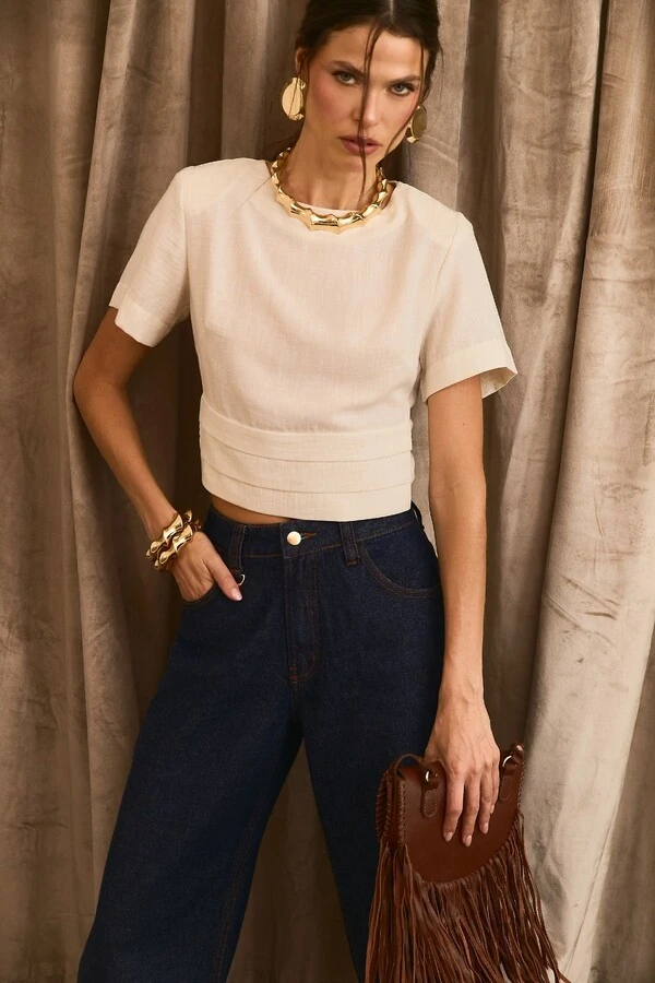 Calça Jeans Reta Cropped