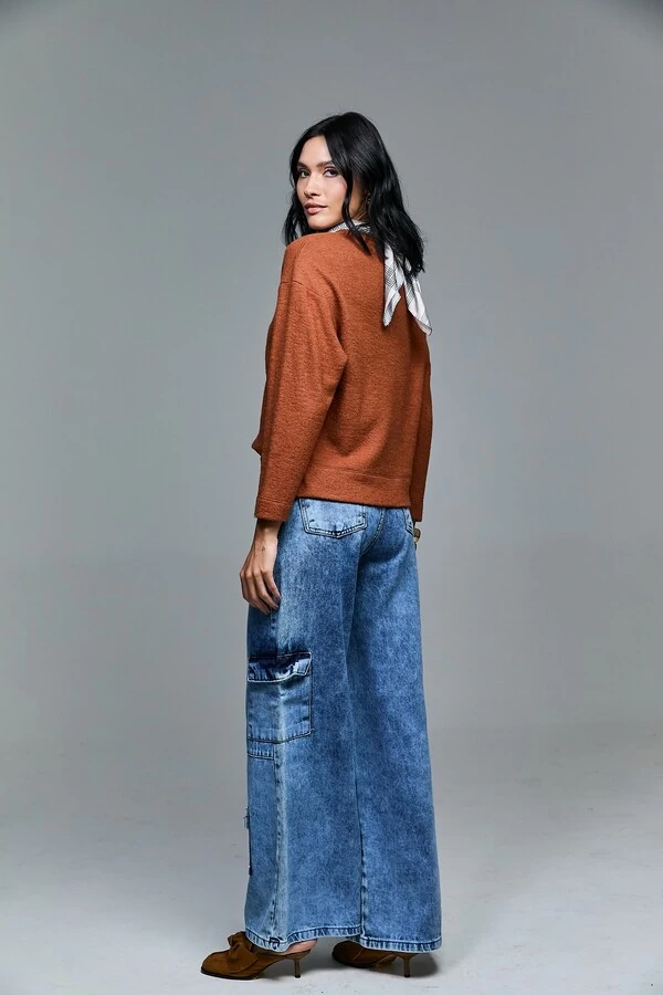 Calça Jeans Cargo Com Lavagem Marmorizada