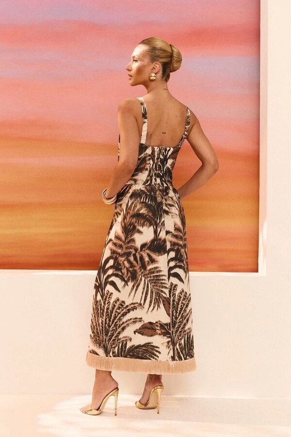 Vestido Midi Estampa Folhagens com Franjas