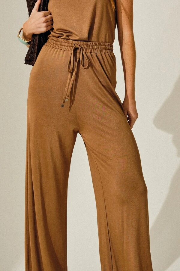 Calça com Elástico e Amarração no Cós em Jersey de Viscose