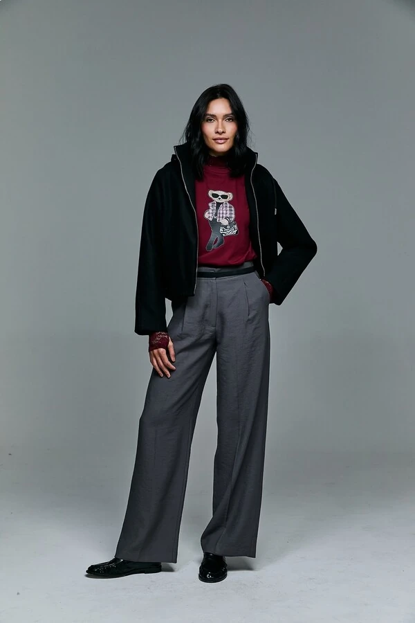 Jaqueta Em Lã Batida Com Capuz Removível E Zíper Frontal