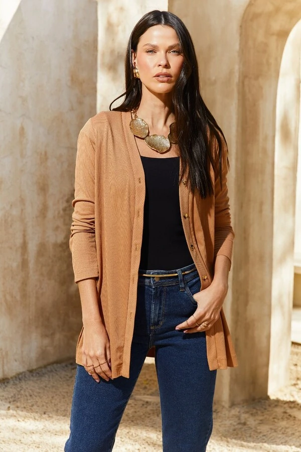 Cardigan Malha Canelada Botões