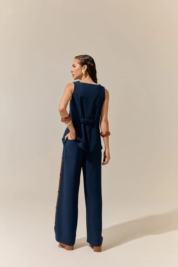 Calça Reta Viés Contrastante