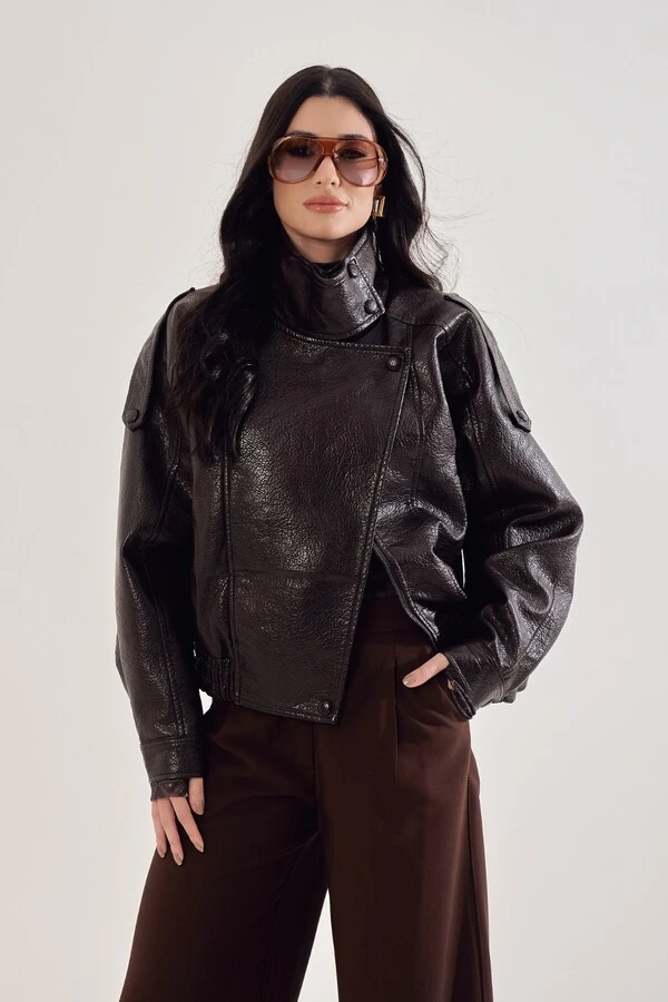 Jaqueta Oversized Biker Em Couro Sintético