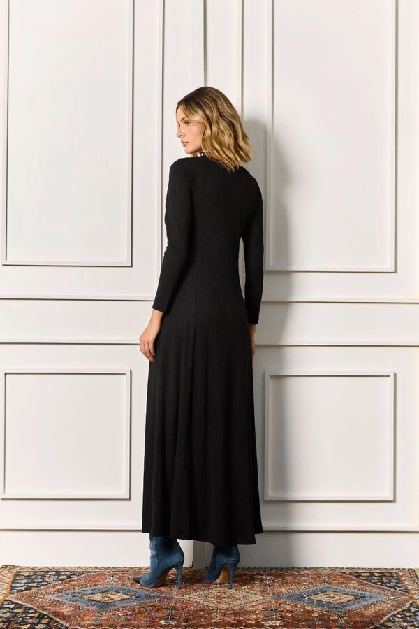 Vestido Canelado Manga Longa Sobreposição