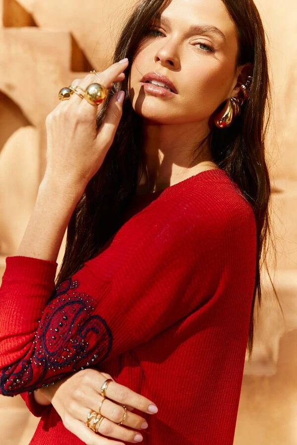 Blusa Malha Tricot Bordada