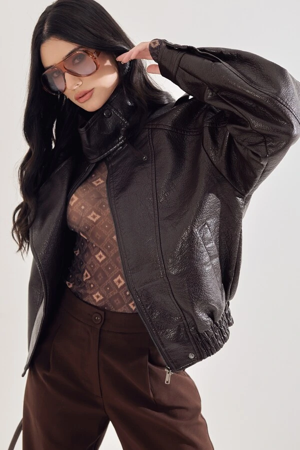 Jaqueta Oversized Biker Em Couro Sintético