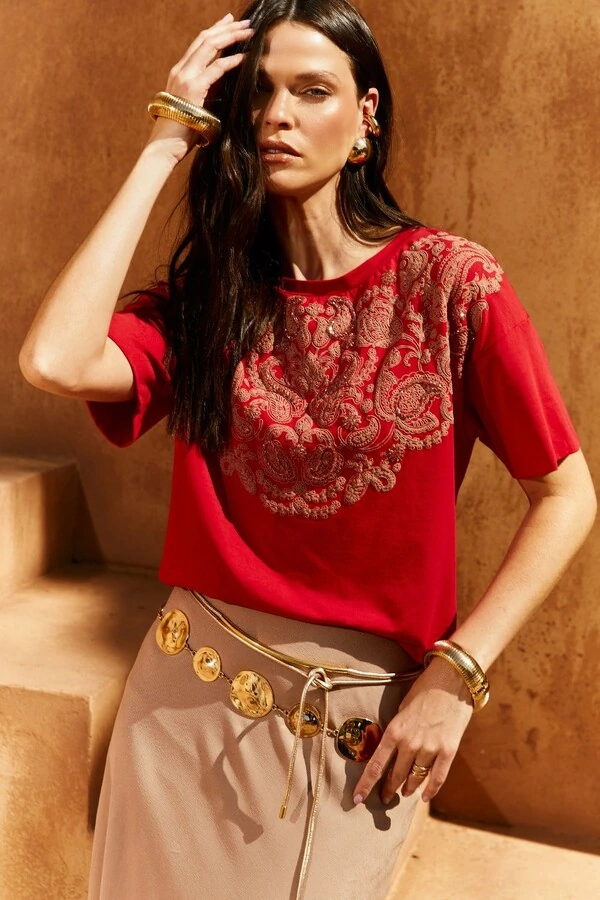 T-shirt Silk Frontal Bordado