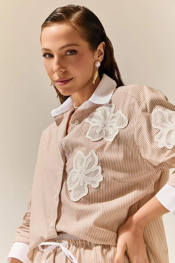 Camisa Manga Longa Tricoline Listrada C/ Aplicação