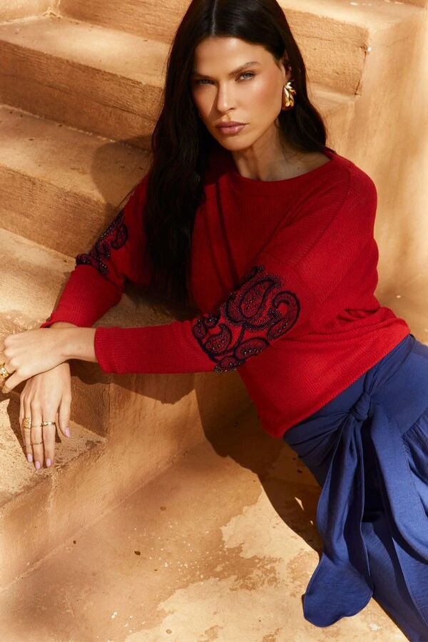 Blusa Malha Tricot Bordada