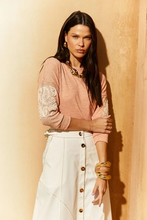 Blusa Malha Tricot Bordada