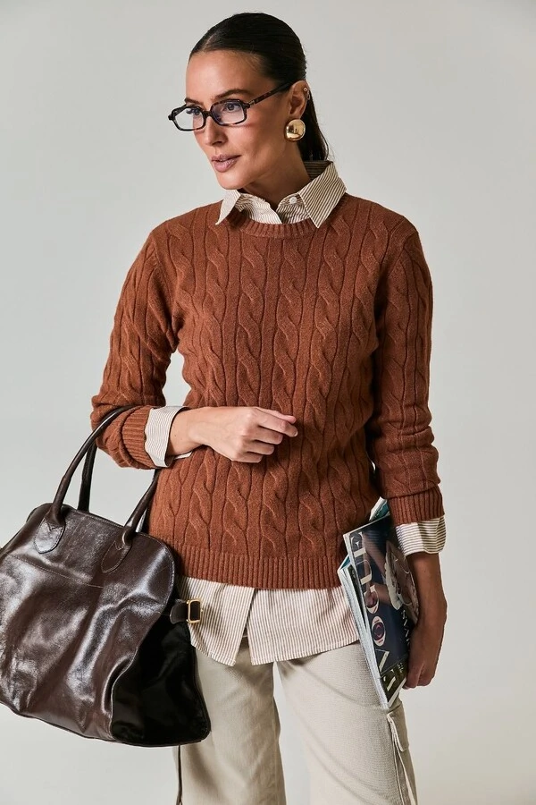 Tricot Decote Careca Trançado Manga Longa